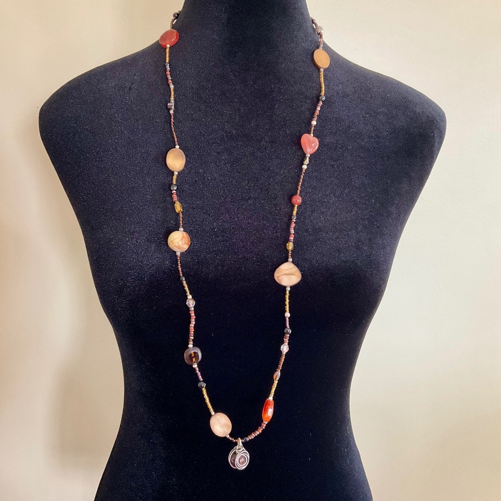 Boho Earth Tone Beaded Long Necklace Wire Wrapped‎ Pendant Mix Stone Glass Shell